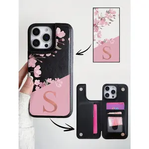 A Phone Case Featuring a Floral Design And Letter Embellishments, This Pink-Patterned Card Holder Is Multifunctional, Capable of Holding Credit Cards, Bank Cards, And Coins. for Apple Phone Models, Including The for iphone 17 16 15 14 13 12 PRO MAX PLUS