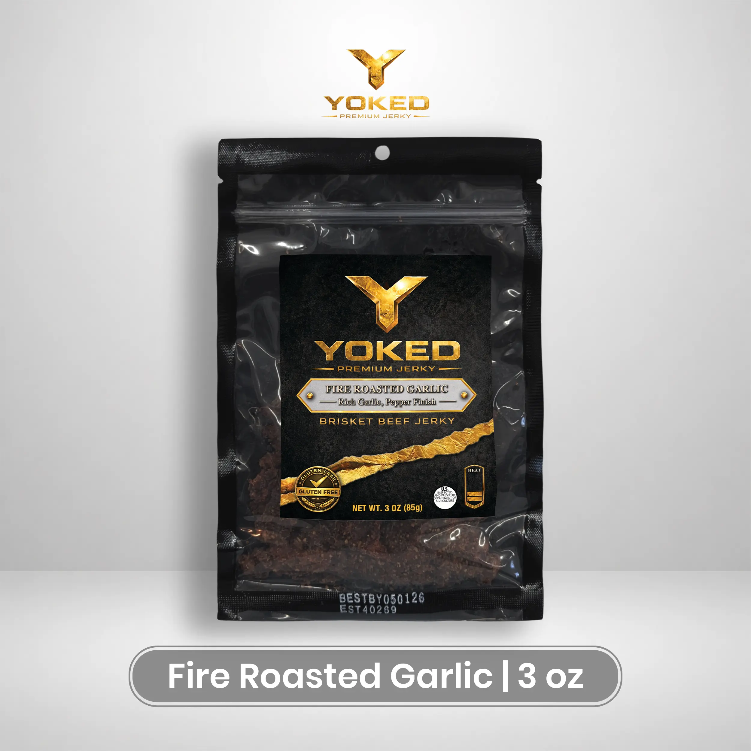 Yoked Fire Roasted Garlic Beef Jerky Snack - Premium Brisket Beef Jerky 3 oz Gluten Free High Protein Low Fat Made in USA Roasted Garlic Flavor Soft Bite