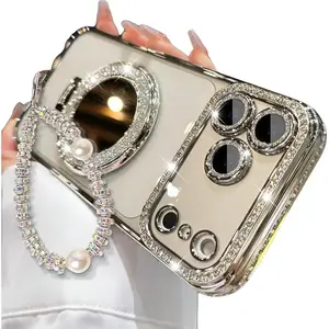 Women's Phone Case with Mirror & Stand for iPhone 12/13/14/15/16/17 Pro Max,17Air,14/15/16 Plus. Features a shiny frame, high-definition transparent material, and full-body drop-resistant design.