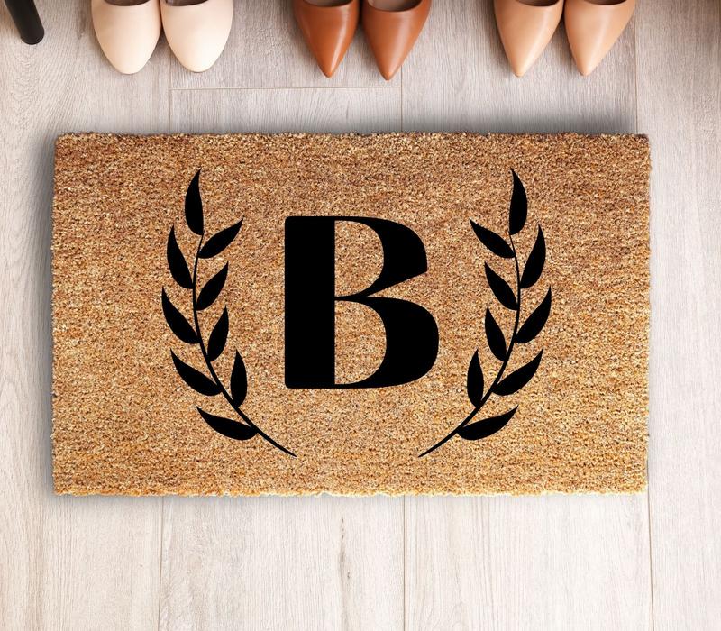Personalized Monogram Doormat with Wreath Frame Natural Coconut Coir 3 Sizes 16x24 17x30 24x36 Long Lasting Durable Anti-Slip Backing