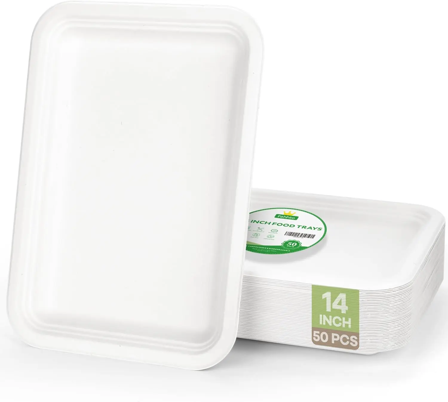 50 Pack 14 Inch Disposable  Trays, Compostable Large Paper Plates Heavy Duty Biodegradable Sugarcane Platters for Crawfish, Lobster, BBQ Seafood,Party and Holiday -White