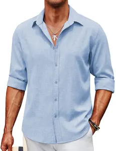 COOFANDY Men's Long Sleeve Button Down Linen Shirt Casual Untucked Chambray Shirt Wrinkle Free Wedding Shirts Collar Menswear Minimalist Outfit Top