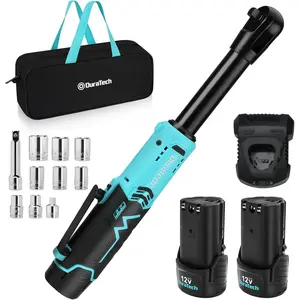 Extended Ratchet Wrench, 3/8" 12V 44 Ft-Lbs Long Neck Ratchet Wrench with 2-Pack 2.0Ah Li-Ion Battery, 1 Hour Fast Charger, 10 Accessories & Variable Speed Trigger
