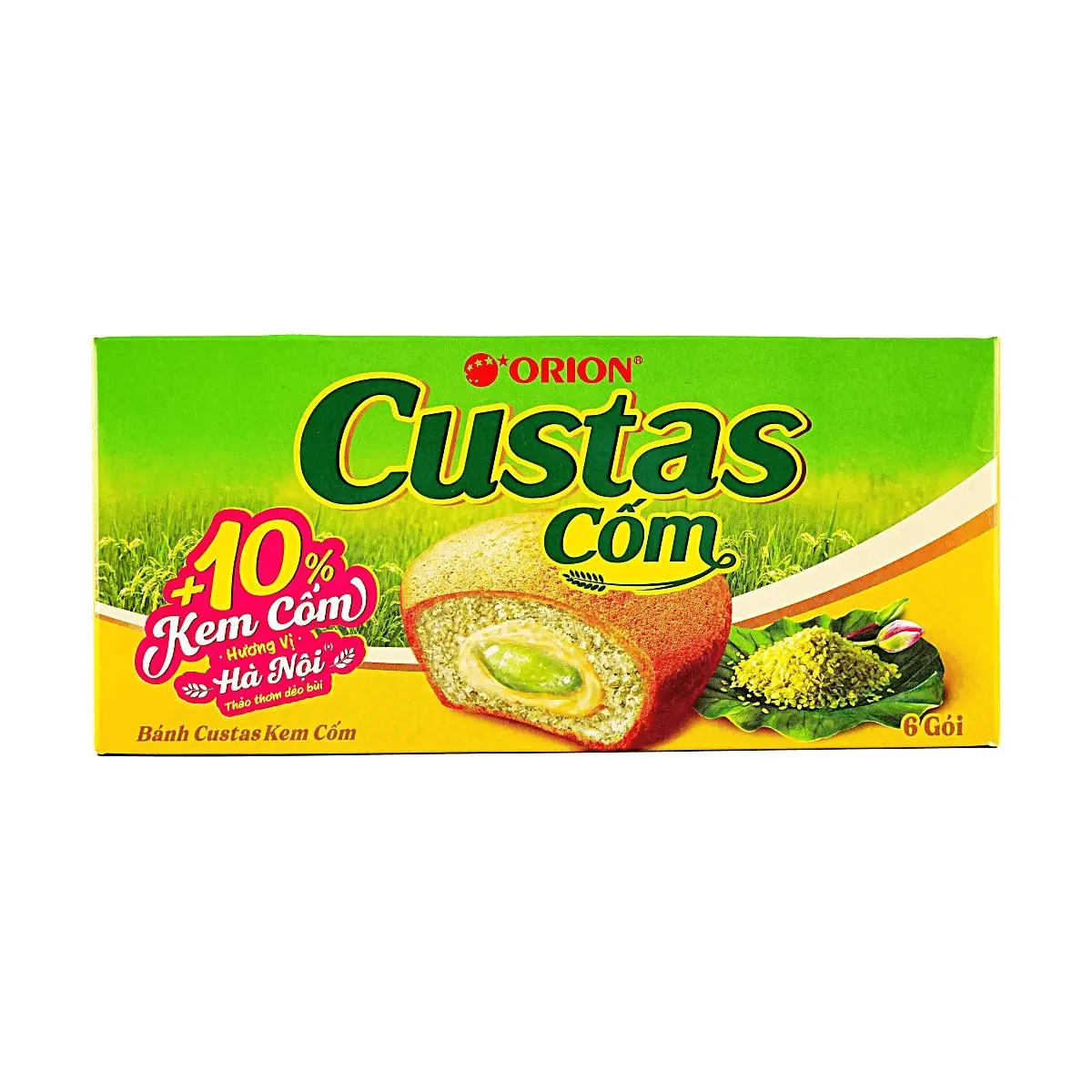 3 Packs Orion Custard Cake Hanoi Pandan Flavor - Vietnamese Classic Snack, 6 pcs/pack, 141g Each - Perfect for Afternoon Tea & Dessert