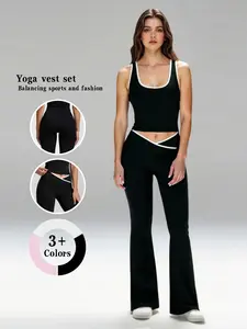 Women's Fashionable Fitness Yoga Set, Sports Clothing Set, High-Intensity Outdoor Running Tennis Sportswear, Cross-Band Design Butt-Lifting Bell Bottoms, Workout Running Clothes
