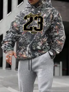 Men's Camo Print Hoodie, Regular Fit Casual Graphic Letter Print Long Sleeve Hooded Sweatshirt for Fall & Winter, Men's Top for Daily Wear