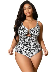 Hidden Control Panel One-Piece Leopard Swimsuit for Beach 2026 New Plus Size with Metal Accent Tummy Control Cutout Design tankini suit High-Elasticity Underwire plain criss cross cut Trendy Scallop Trim Neon Stitch Double Strap Bikini Set tropical print