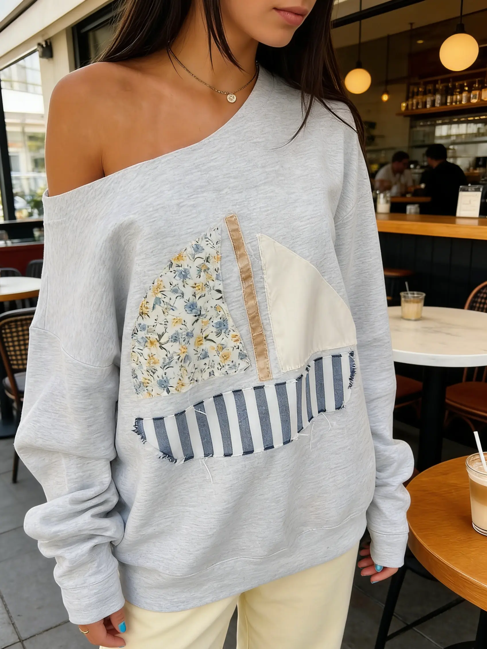 Women's Elegant Off-Shoulder Top, Slouchy Geometric Print Pullover in Lightweight Comfortable Fitted Fabric with Long Sleeves, Cute Tops for Casual Wear, Party, New Year, Pull On