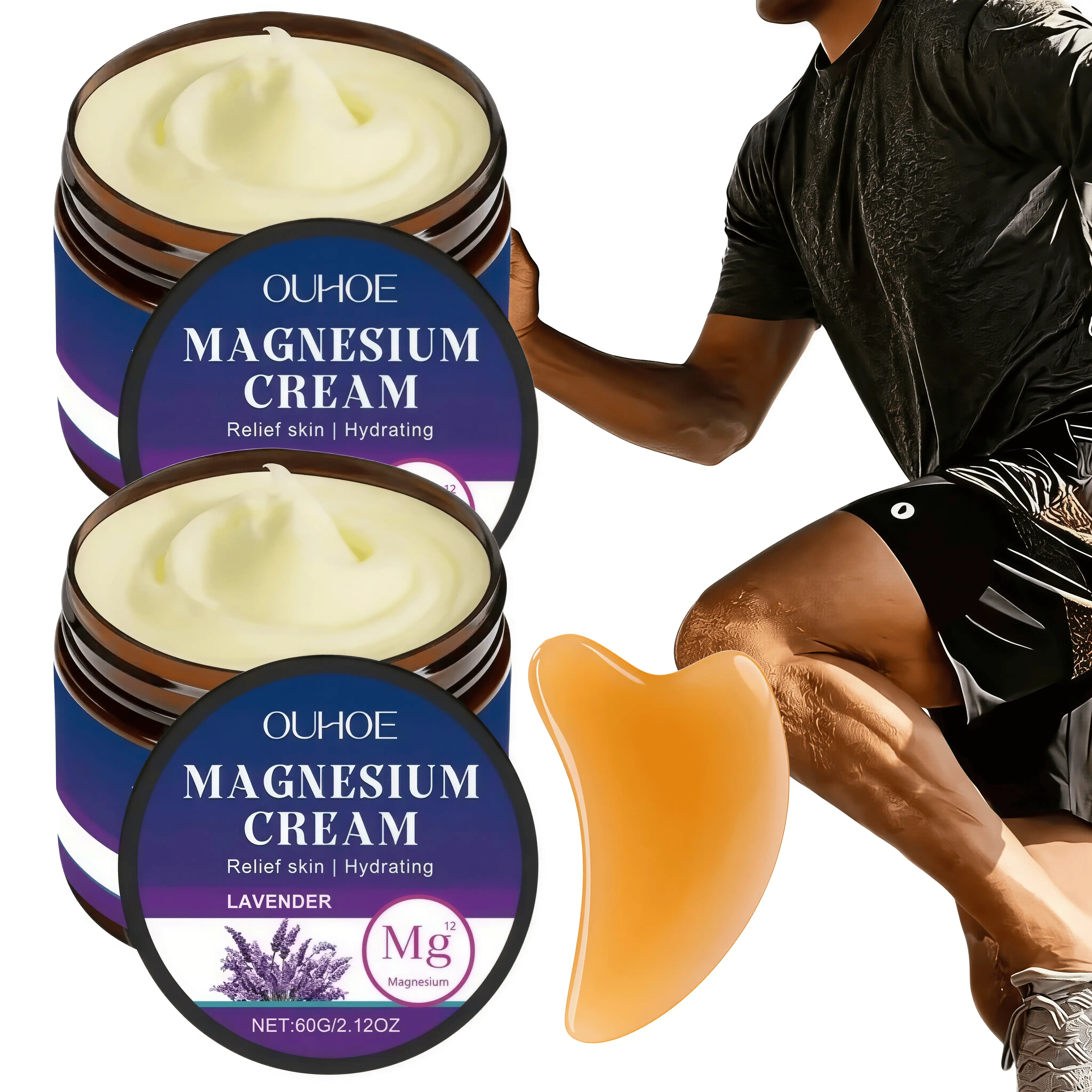 2-Piece Lavender Magnesium Cream Set with Gua Sha Board - Body Care Moisturizers with Lavender & Coconut Oil, Gentle Skin Formula, Deep Hydration for Hands, Wrists, Knees, Joints, Soothing Daily/Post-Workout Massage