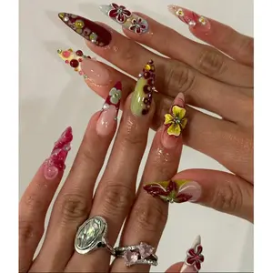 S114 Wild Hibiscus Press-On Nails, 3D Burgundy & Yellow Orchid Flowers, Long Almond Style, Custom Press-On Nail, Solana Nails Town