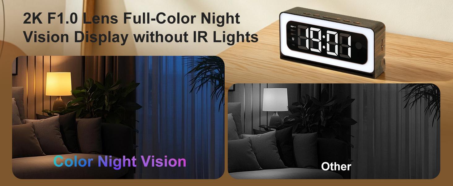 2K Smart Indoor Clock Camera,  Nanny Cam, Indoor Security Camera for Home, 5G & 2.4G WiFi, Full Color Night Vision, Motion Detection Alerts, Alarm Siren, Local SD Storage, Wood Grain Design