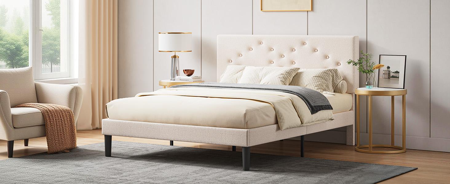 Bed Frame with Height-Adjustable Upholstered Headboard, Crystal Buckle Accents, Beige