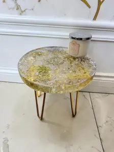 Golden hand-designed Resin Artwork Table with encased Crystals: Accent Decor Table