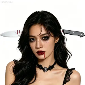 Bloody Through Head Weapon Headband, Fake Cleaver Axe Saw Scissor Arrow Knife Halloween Headpiece, Scary Zombie Cosplay Prank Costume Party Accessory