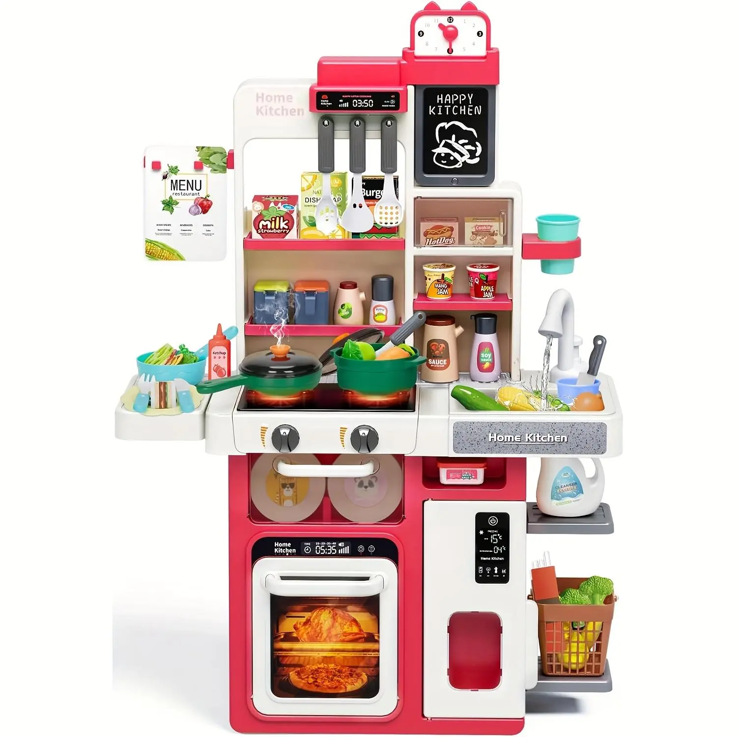 Game Kitchen Set, Pretend Play Kitchen, Toddler Kitchen Toy Set with Sound Light, Steam Cooking Stove, Play Sink, Food Toys, Suitable for Boys Girls, Pretend Kitchen Playset