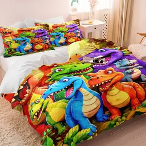 2/3Pcs Cartoon Dinosaur Digital Print Duvet Cover Set, Vibrant & Colorful Kids Bedding Set, Ultra Soft Microfiber with Zipper Closure, Perfect Dinosaur Themed Bedroom Decor, Ideal Gift for Boys & Girls Who Love Dinosaurs