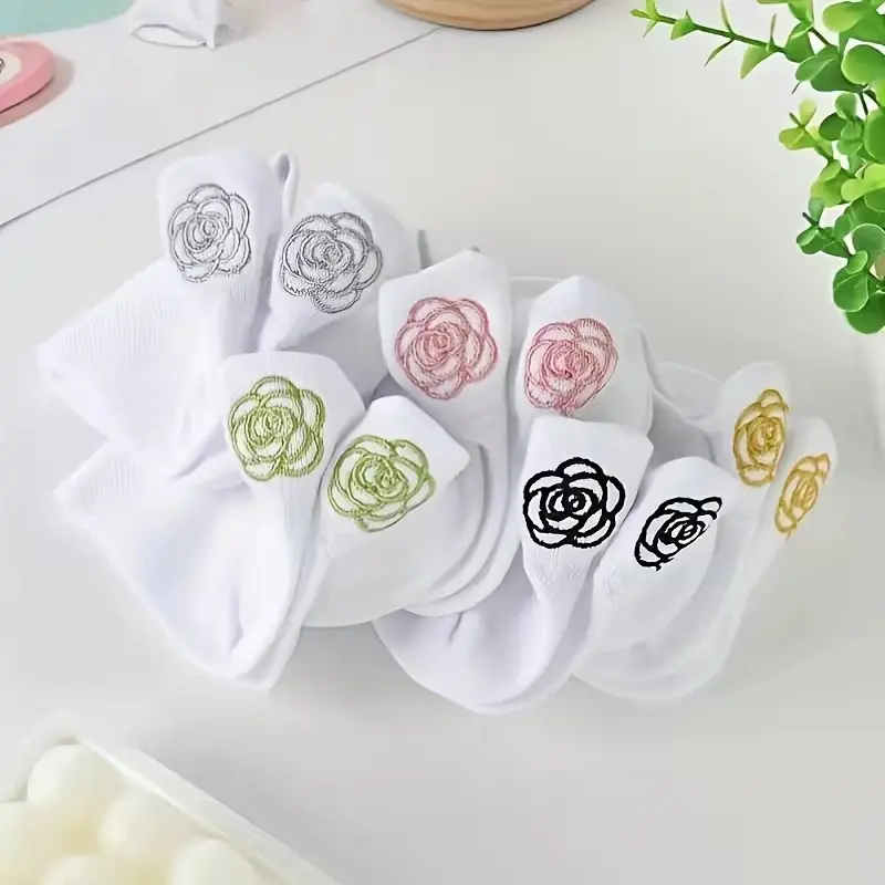 10 Pairs of White Women's Embroidered Drawstring Short Socks – Breathable, All-Season, Versatile and Comfortable Socks