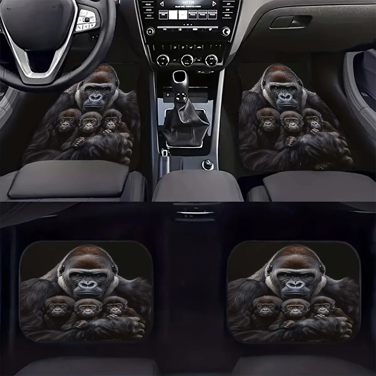 4pcs Gorilla Family Design Car Floor Mats- Comfortable Crystal Velvet Vehicles Floor Mats, Front& Rear Full Coverage Auto Interior Accessories, Suitable for Sedans, Vans, Suvs All vehicle models, Stylish Gift for Men and Women