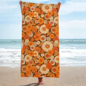 1PC 70S Retro Daisies Flower Power Orange And Brown Boho Beach Towel Oversized Quick Dry Microfiber Towels Pool Accessories Cruise Essentials Vacation Gifts Summer Must Haves for Swimming Camping Travel