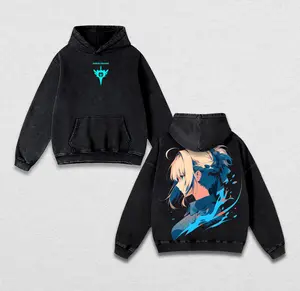 Saber Artoria Pendragon Fate/stay night Washed Hoodie & T-Shirt – Vintage Oversized Heavy Cotton Anime Graphic Pullover & Tee, Retro Manga Streetwear Unisex Top for Otaku Fans & Collectors