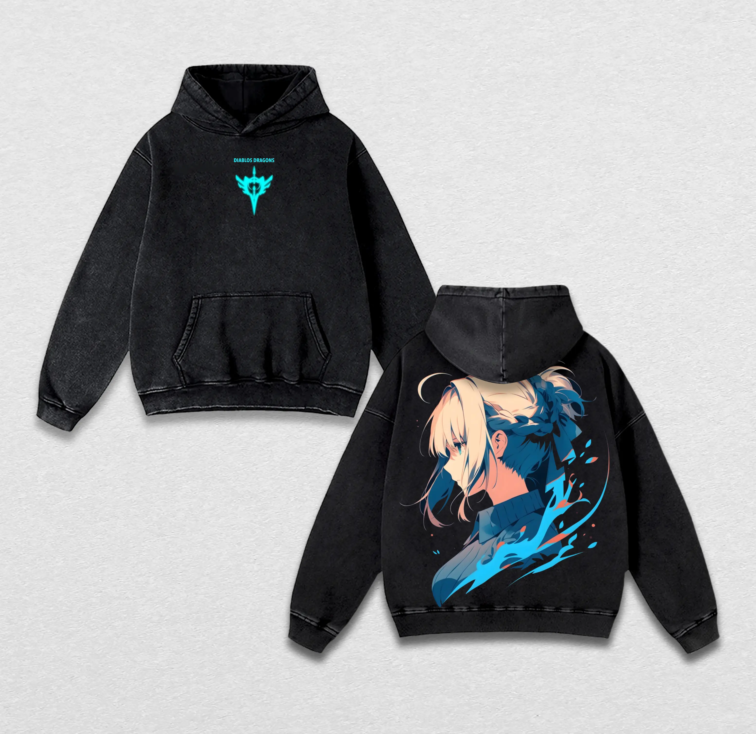 Saber Artoria Pendragon Fate/stay night Washed Hoodie & T-Shirt – Vintage Oversized Heavy Cotton Anime Graphic Pullover & Tee, Retro Manga Streetwear Unisex Top for Otaku Fans & Collectors