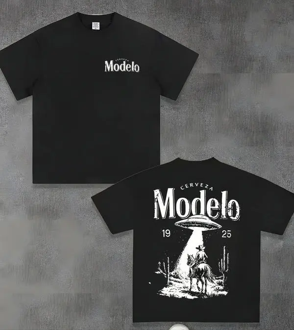 100% Cotto Modelo UFO Cowboy Graphic-Shirt – 230g Heavyweight Vintage  Cotton Retro Streetwear Tee With Cerveza Modelo Letter Print, UFO Western Cowboy Desert Scene Design, Y2K Oversized Casual Short Sleeve Men's Summer Fashion  Summervibes