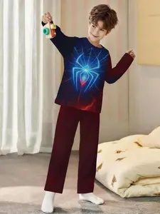 2-piece boys' long-sleeved pajamas with red and blue gradient spider web luminous digital printing and long sleep pants, made of flame-retardant fabric. This fashionable, trendy, casual, comfortable and soft pajama set is suitable for sleeping and home
