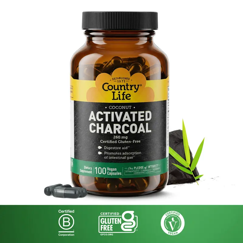 Country Life Coconut Activated Charcoal Capsules, 260mg – Natural Charcoal Supplement for Gas and Bloating Relief - Gluten-Free, 100 Vegan Capsules