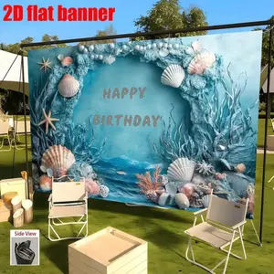 Ocean Shell Birthday Party Background Banner, Shell Coral Design, Polyester Material, Suitable for Photo Booth, Party, Birthday, Celebration, Indoor and Outdoor Family Birthday Party Decoration, Festival Decoration, Festival Party Supplies