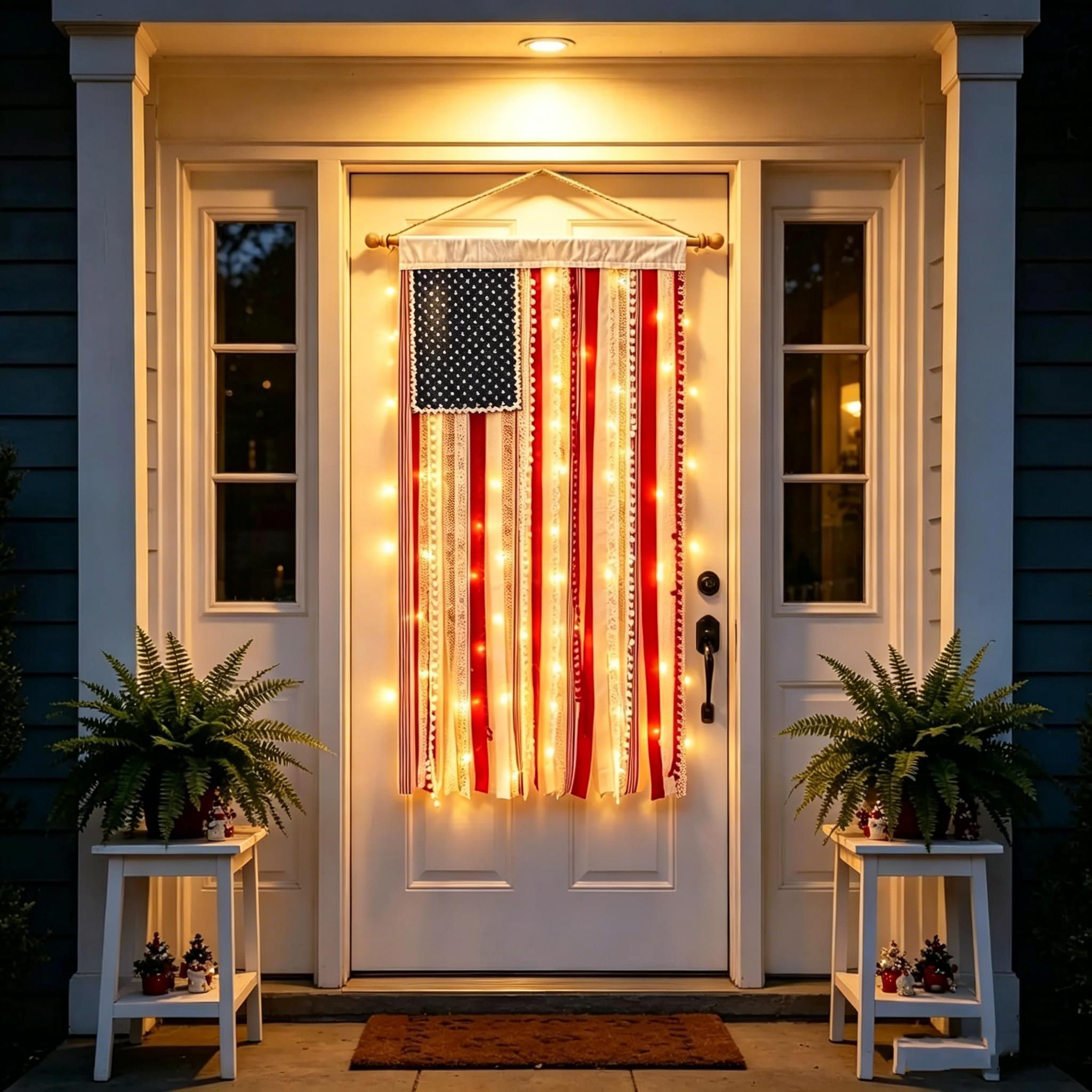Lighted American Rag Flag Banner With LED Fairy Lights, 4x2.3 Ft Rustic Patriotic Tassel Garland For 4th Of July Decoration, Aesthetic Americana Wall Hanging For Porch Yard Party, Independence Day Celebration Home Decor 250th Anniversary Lighted American Rag Flag Banner With LED Fairy Lights, 4x2.3 Ft Rustic Patriotic Tassel Garland For 4th Of July Decoration, Aesthetic Americana Wall Hanging For Porch Yard Party, Independence Day Celebration Home Decor 250th Anniversary