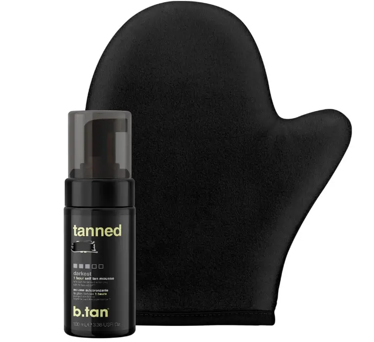 b.tan Dark Self Tanner Mini Kit | Get Tanned Travel Bundle - Mini Dark Self Tanner Mousse with Self Tanning Mitt Applicator, 1 Hour Sunless Tanner, Fast Self Tan, Vegan, Cruelty Free, 3 Fl Oz