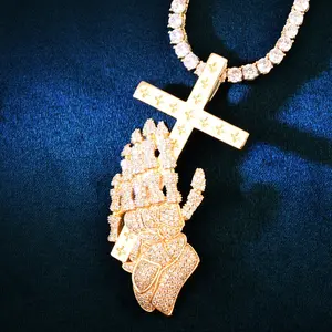 Hip Hop Full Diamond Hand Holding Cross Pendant Niche Personality Jewelry Cybernetic Mechanical Necklace