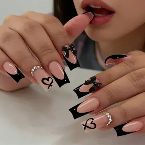 24pcs Acrylic Press-On Nail Set, Heart Shape, French, Rhinestone Bow Design, Coffin Shape, Includes Jelly Glue & Nail File, Rhinestone Bow Decorated