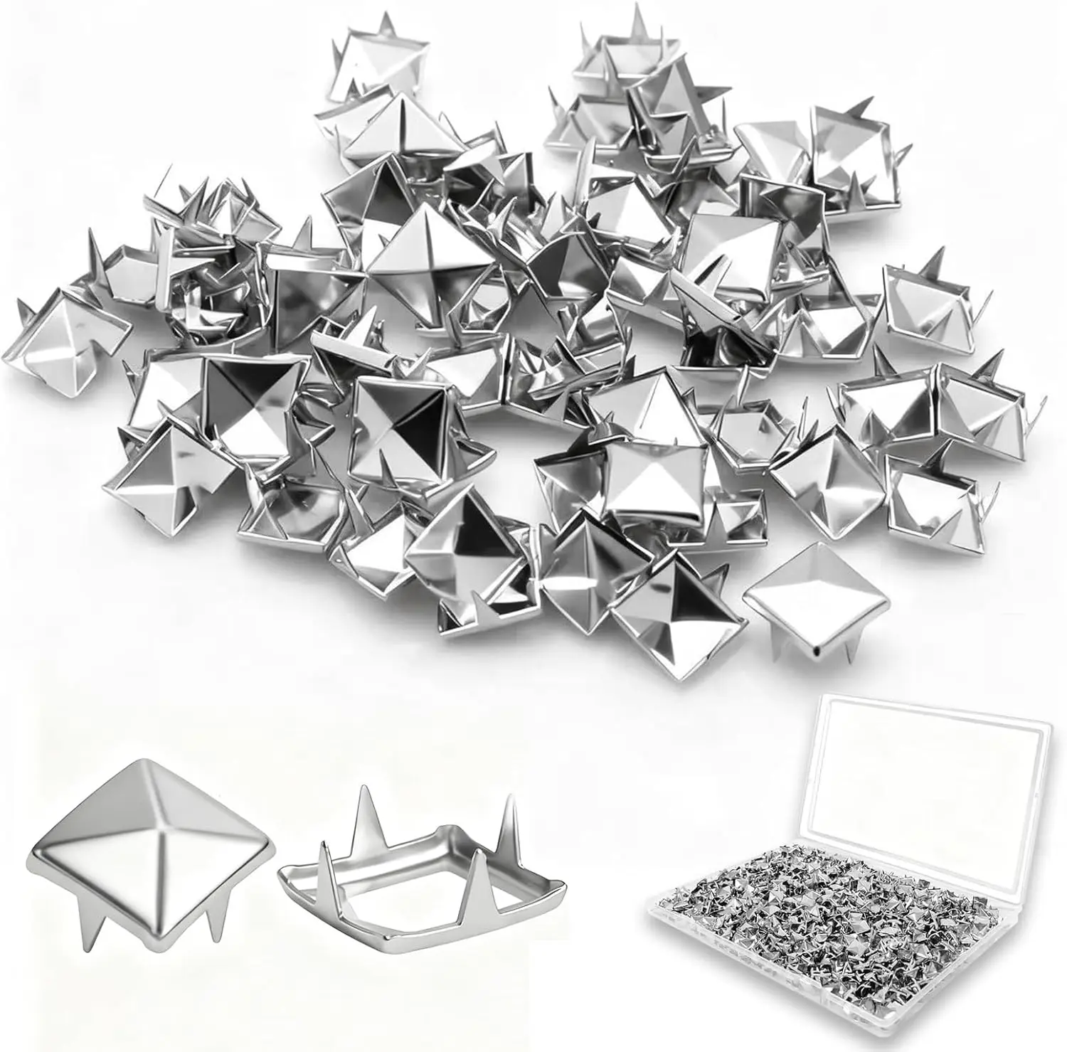 500PCS 10mm Silver Metal 4-Prong Square Spikes - Punk Style Pyramid Studs Craft Sewing Accessories, Durable Easy-Install Rivets for Leather Jacket, Bag