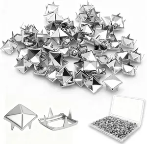 500PCS 10mm Silver Metal 4-Prong Square Spikes - Punk Style Pyramid Studs Sewing Accessories, Durable Easy-Install Rivets for Leather Jacket, Bag
