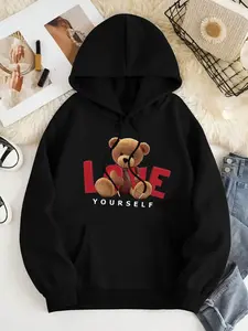 Women's Cartoon Bear & Letter Print Drop Shoulder Hoodie, Graphic Casual Hoodie, Fashion Casual Drawstring Pocket Hooded Sweatshirt for Daily Holiday Outdoor Wear, Women Clothing for Fall & Winter