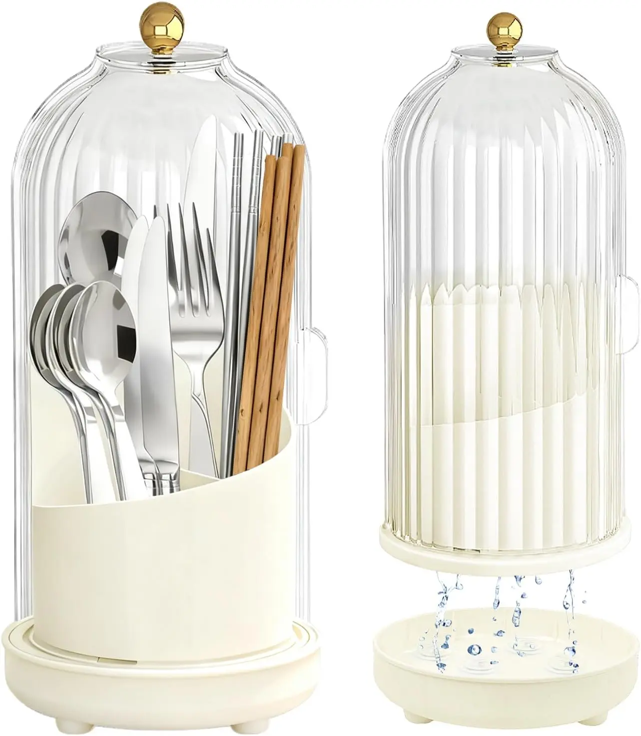 Kitchen Utensil Holder with Sliding Lid & Draining Tray Self Draining 360° Rotating 3-Slot Organizer for Flatware Chopsticks Spoon Spatula Cutlery White - Cover, Knives