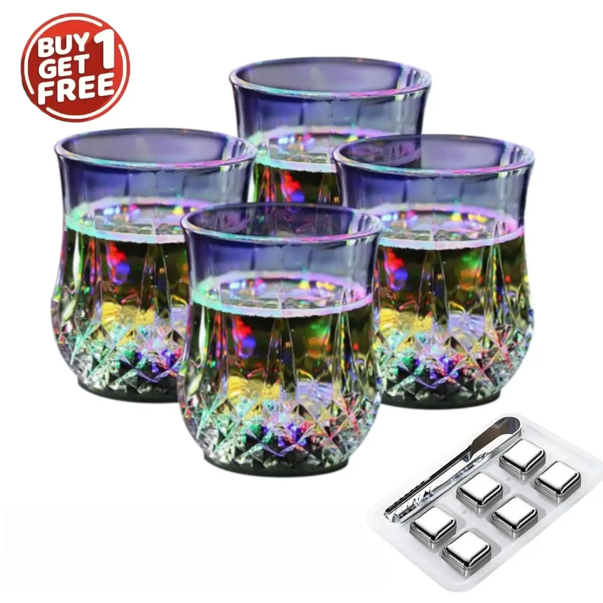 Bar Party Must-Have LED Light Up Crystal Cups Set 2-4Pack, Liquid Activated Multi-Color Shimmer Acrylic Drinking Glasses, Free Reusable Whiskey Metal Ice Cubes Gift