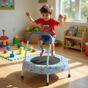 28‑Inch Mini Trampoline with Handle, Spring‑Free Bungee Bouncer for Indoor Outdoor Home Use, 55LBs Capacity – Printed Blue