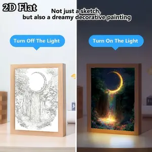 Fantasy Moonlit Forest Art with Waterfall LED Light Painting USB-Powered, Adjustable Desk Lamp, Polished Wood Frame, Perfect for Living Room, Bedroom, Birthday Gift, Bedroom, Room Decor