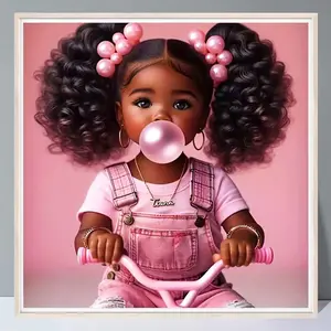 Cute Teenager & Pink Bubble Gum Pattern DIY Diamond Arts Colorful Painting Kit without Frame, Full Round Diamond Mosaic Wall Decor, Diamond Painting Kits