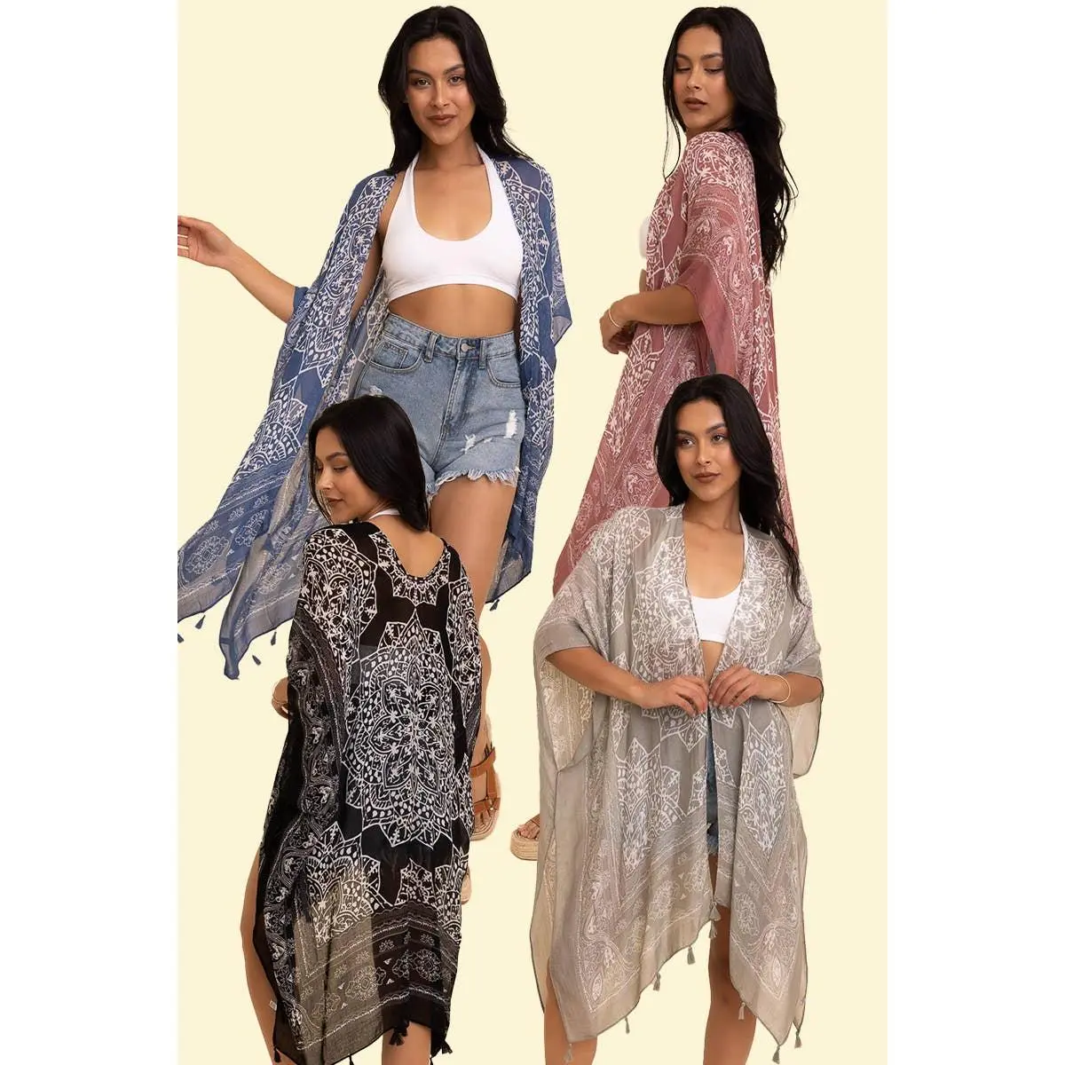 Women's Chic Viscose Fabric Kimono Cardigan - One Size, Versatile, Tasseled, Festival-Ready Style