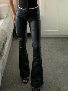 Women's Popular Coated PU Stretch Long Pants, Trendy and Comfortable Trousers for Everyday Fashion, Stylish Fit for Ladies