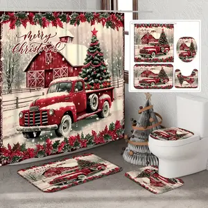 4pcs Merry Christmas Truck & Snowflake Shower Curtain Set - Polyester, Washable, Non-Slip Bath Mat, U-Shaped Toilet Lid Cover, 12 Hooks, Holiday Bathroom Decor for Winter, Christmas Bathroom Decor | Vintage Truck Design | Durable Shower Curtain