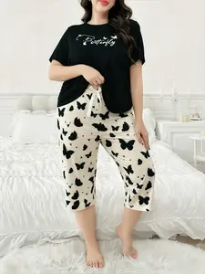 Women's Soft Knitted Pajamas Set, Cute Butterfly Print Round Neck Two-Piece Sleepwear, Short Sleeve Top & Seven-Quarter Pants, Casual Home Wear, Loungewear, Pjs