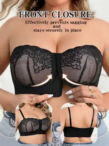 Women's Plus Size Front Closure Lace Wireless Strapless Push-Up Bra - Removable Adjustable Straps, Seamless Back, Lift Anti-Sag, Comfort Breathable | Valentine's Day Gift, Bridal & Everyday Wear