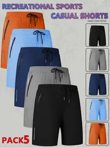 5 Pack Men's Solid Color Zipper Pocket Shorts, Casual Breathable Athletic Shorts for Summer, Jogging Shorts, Workout Shorts, Summer Sports Shorts, Athleisure Casual Shorts
