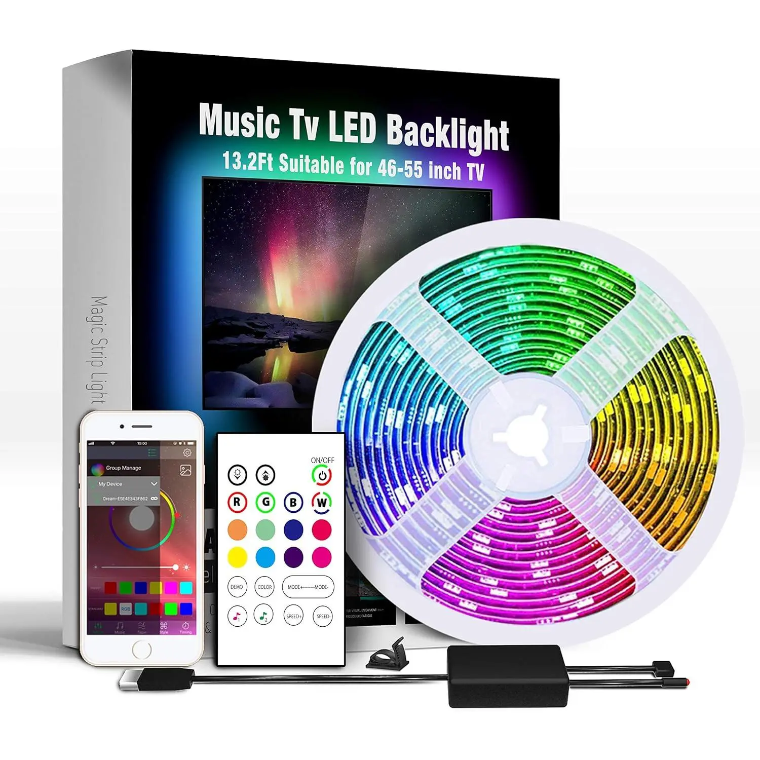 13.2Ft RGB Music LED Strip Lights, 5V USB Powered Eye Protection Waterproof TV Backlight Kit with APP Control, 16 Inch USB Cable, 3M Adhesive for 16+ Inch Flat Screen TVs, Children & Living Room Use