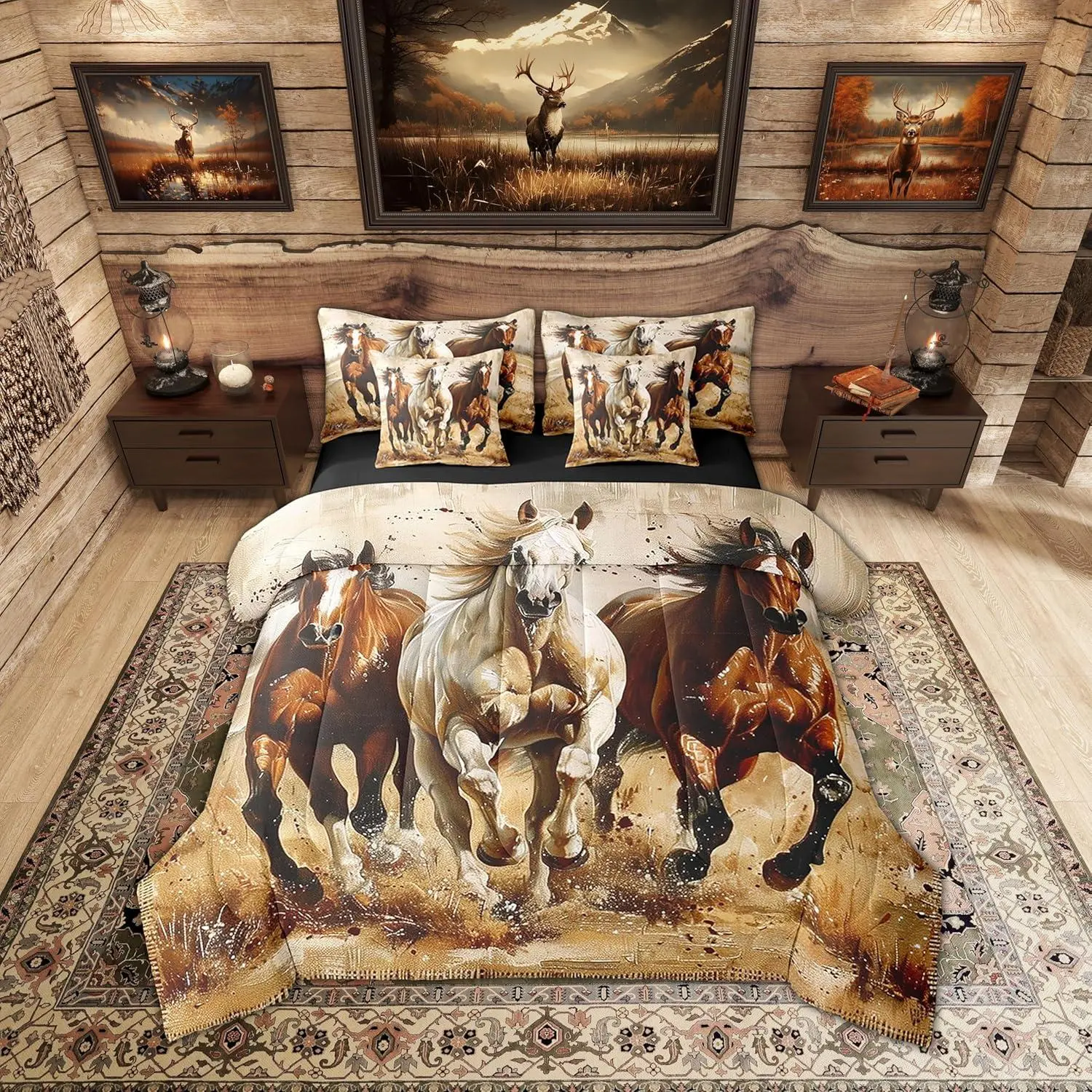 Feelyou Queen Size 7-Piece Comforter & Sheet Set - Kids Boys Western-Themed 3D Printed Cowboy Horse Bedding, Rustic Cabin Animals, Nature Designs & Animal Print Graphic Bedding Sets Collections