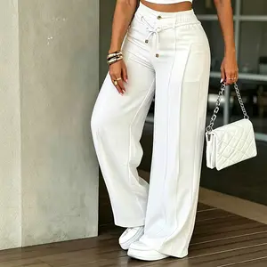 100% polyester women’s high-waisted wide-leg trousers with front mid-seam, drawstring and gold button; drapey straight-leg casual pants for summer, wrinkle-resistant and no ironing needed, black wide-leg trousers; high-waist elastic waistband, front mid-s